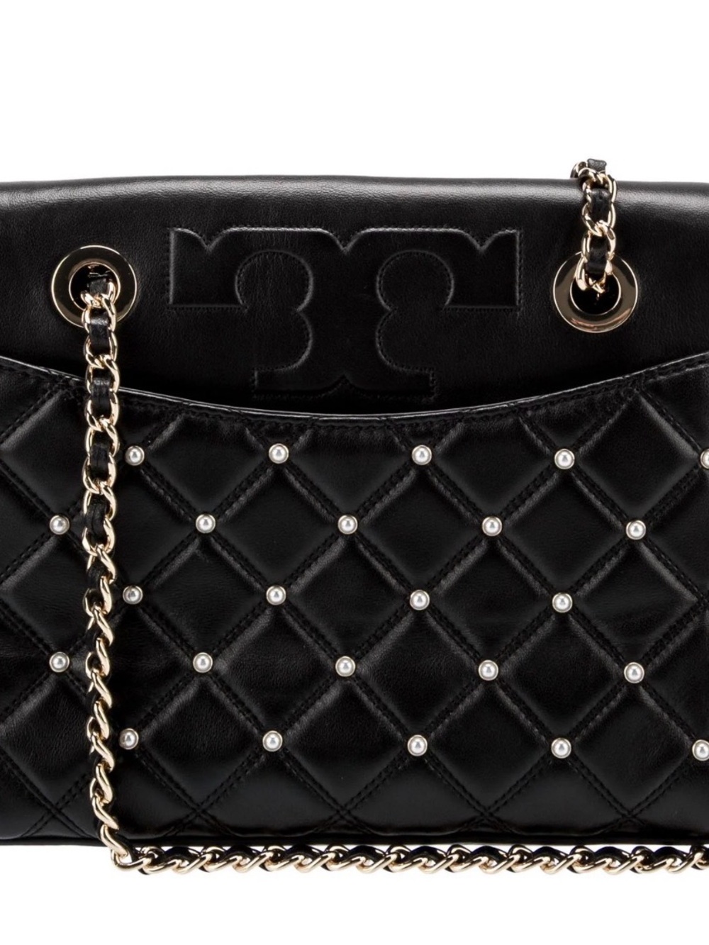 Tory Burch savanna Black Quilted Pearl-Accent Chain Shoulder Bag